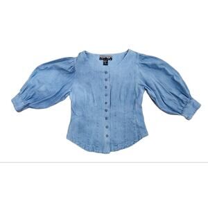 NYLINE Jeans Women's VTG Blue PUFF Sleeve Fitted Button Up Shirt Size S